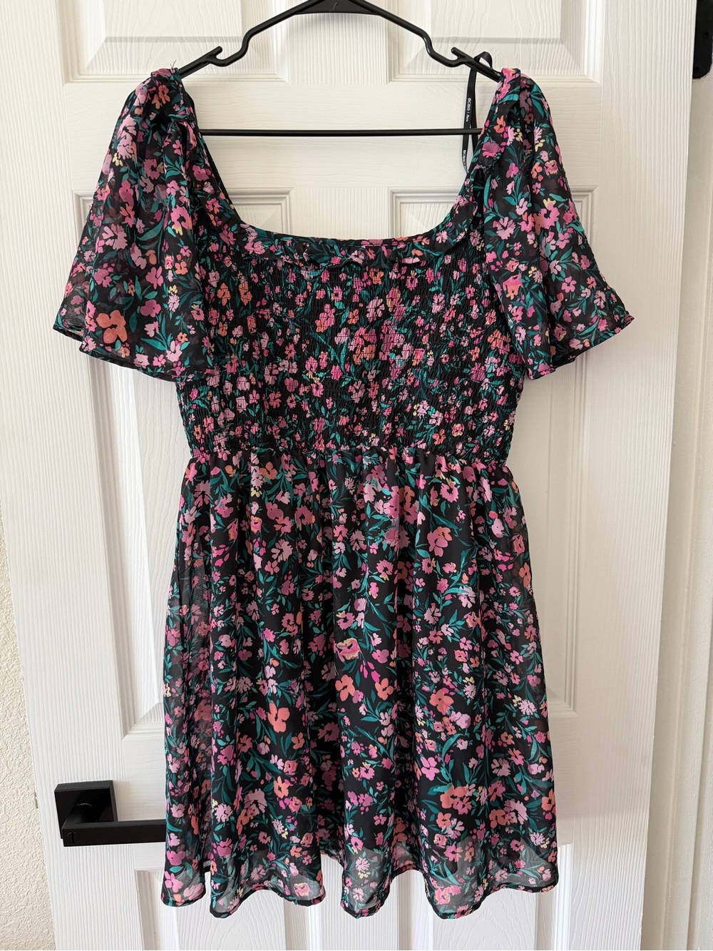 BCBG Black Floral Mini Dress with Pink and Green Print